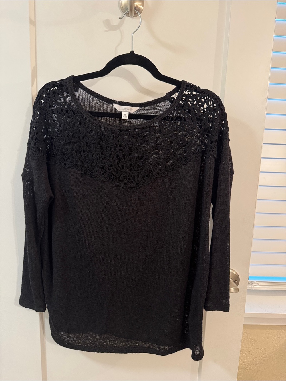 Charming Charlie Black Crochet Lace Yoke Lightweight Knit Sweater Small